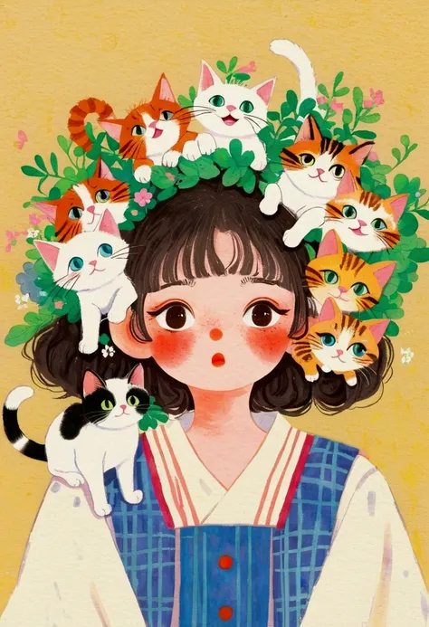 There is a painting，The painting is a girl，There are a group of cats on the head, Colored pencil drawings of Nobumasa Yanagawa, pixiv, What is it？, Japanese illustrator, girl with cat ears, Studio Ghibli Art, studio Ghibli art style, Ghibli art style, Ghib...