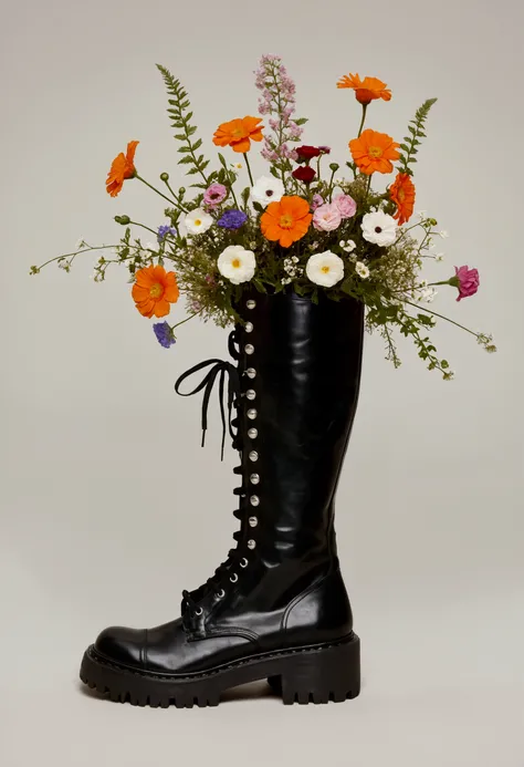 there is a womans legs in black boots With flowers in them, Combat boots, Wittmans, Rick Owens, Military boots, wearing tall Combat boots, Military boots, flowerpunk, Flowers grow from the body, With flowers, wearing military shoes, RAF Simmons, Post-apoca...