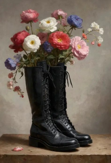 there is a womans legs in black boots 与花 in them, Still Life Inspired by Salomon Koninck, tumblr, Baroque, Combat boots, Wittmans, Rick Owens, Military boots, wearing tall Combat boots, Military boots, flowerpunk, Flowers grow from the body, 