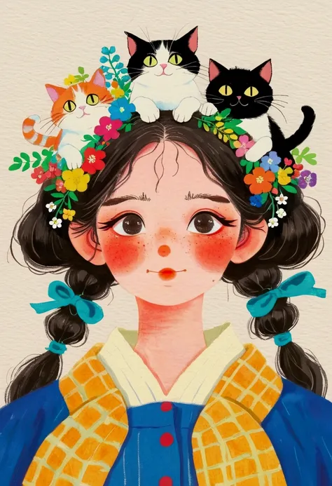 There is a painting，The painting is a girl，There are a group of cats on the head, Colored pencil drawings of Nobumasa Yanagawa, pixiv, What is it？, Japanese illustrator,  Studio Ghibli Art, studio Ghibli art style, Ghibli art style, Ghibli art style, Portr...