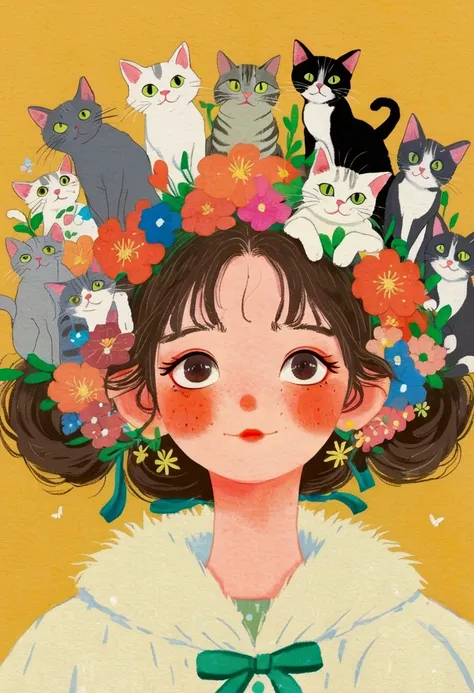 There is a painting，The painting is a girl，There are a group of cats on the head, Colored pencil drawings of Nobumasa Yanagawa, pixiv, What is it？, Japanese illustrator,  Studio Ghibli Art, studio Ghibli art style, Ghibli art style, Ghibli art style, 