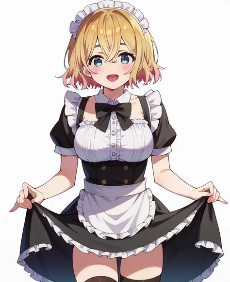 mami nanami, 1girl, solo, blonde hair, frilled white maid headdress, hair between eyes, short hair, blue eyes, blush, open mouth...