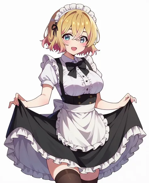 mami nanami, 1girl, solo, blonde hair, frilled white maid headdress, hair between eyes, short hair, blue eyes, blush, open mouth...