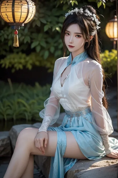 guqinghan,naraka,chinese clothes,china dress, (Sun, sea, sand), a beautiful woman, a stunning girl sitting on the beach with her knees bent and sideways, surrounded by flowers and butterflies, her chest partially visible, Lean back, leaning back with her e...