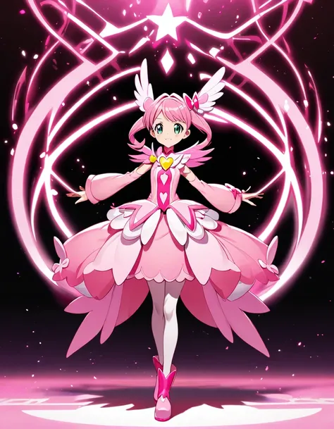 cure pink(tall, pure pink hair, wing hair accessory, feather motif shoulder opening, forearms sleeves, pink dress-skirt, pink boots)