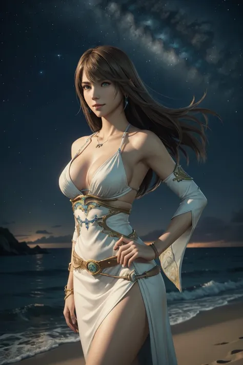 The best one,Yuna,Final Fantasy 10,FF10,Medium Hair,Brown hair,Let your bangs down,Beautiful green and blue odd eyes,,Beautiful and tall nose,Photorealistic,Ultra HD,high quality,masterpiece,Digital SLR,Detailed details,Intricate details,Anatomical basis,D...