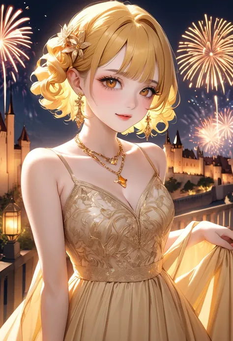 1 female　Yellow short curly hair　Yellow eyebrows　Orange eyes　Socialite debut　Beige gold embroidered long dress　Inside the castle　firework 　hair ornaments　Gorgeous necklace with matching earrings　Golden West