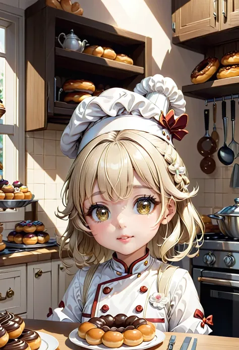 
            Cute and charming pastry chef little girl in front of kitchen with rich pastry utensils (extremely delicate and beautiful), Close-up of bright beige hair anime character wearing white chef uniform and gorgeous chef hat is about to try donuts c...