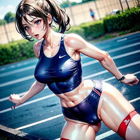 Very beautiful, very sexy athlete girl running on an athletics track. out of breath ,Brune, yeux verts, large chest, very loose and revealing tank top, very tight spells with cameltoe, hanches larges, slender waist, grosses fesses