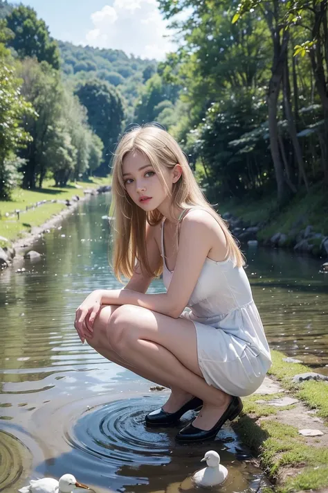 a Caucasian woman, blonde hair, 30 years old, wearing a white short dress, squatting as if making a tutorial about defecating, in a small river with very clear water you can see there are fish and ducks. background of village road, farmer and bicycle, urin...