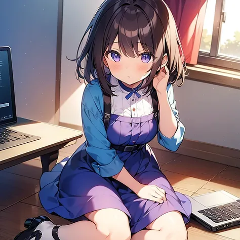 Masterpiece, best quality, high quality, 1girl, Solo, anime art, Sitting on the Floor, her laptop in her lap, Anime moe artstyle, young anime girl, wears a Blue dress, has Purple eyes, has Short Brown hair, pretty anime girl, beautiful anime girl, portait,...