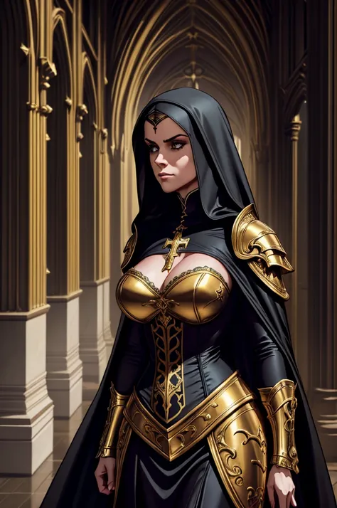 a sexy battle nun, elegant victorian-style dress, holding a large cross, ornate gold armor, flowing cape, determined expression, dramatic lighting, dark gothic cathedral interior, dramatic shadows, cinematic composition, highly detailed, photorealistic, dr...