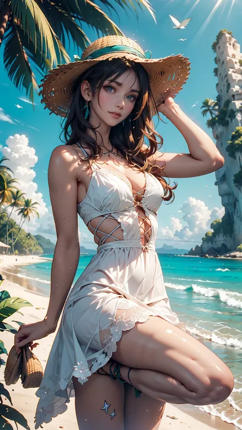 24-year-old woman、Indigo Hair、semi-long、Straw hat、White summer dress decorated with lace、Lace-up sandals、Tropical Cove、Emerald Green Sea、beautiful sea、White sand beach、It is surrounded by cliffs on three sides.、Nobody is here、Have the beach all to yourself