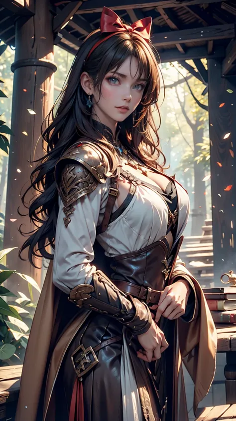 Highest quality, masterpiece, Ultra-high resolution, Strong Woman, Long Curly Hair, Leather Armor, Medieval costume, Shooter, Exquisite Bow, Mystical Runes, Magic, Detailed background, forest, extreme detailed, 4K,  