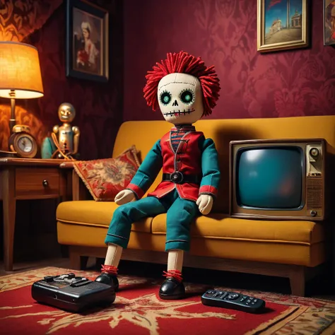 (knitted toy voodoo doll:1.7), (voodoo doll sitting on the couch:1.3), (clothes: everyday soviet outfit from the 80s:1.0), (accessories: enchanted TV remote control that emits light, floating old magazines:1.2), (background: cozy living room with a carpet ...