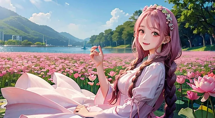 girl with long braids　　Wearing pink dress　holding lotus　Smiling in the sea of flowers