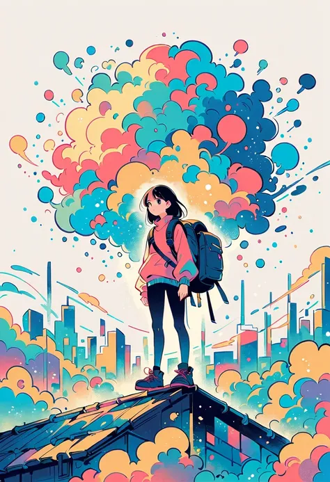 (Standing on the roof:1.3)，Girl with backpack on the roof，Simple Line Acronym，Abstract Art，City background