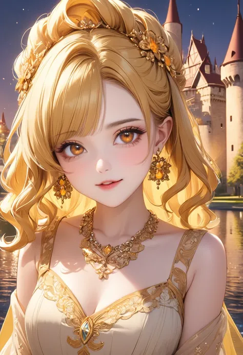 1 female　Yellow short wavy hair　Yellow eyebrows　Orange eyes　Socialite debut　Beige gold embroidered long dress　Inside the castle　firework 　hair ornaments　Gorgeous necklace with matching earrings　Golden West　Bangs that cover the forehead