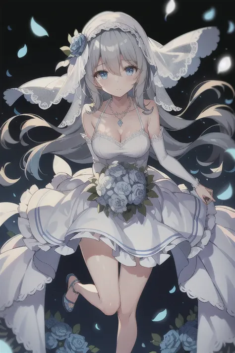 ((Best quality))),((Ultra-detailed)),((illustration)),((Disheveled hair)),((frilld)),(1 girl),(Solo),
1girl,blue bow,blue eyes,blue flower,blue ribbon,blue rose,bouquet,breasts,dress,flower,gradient,gradient background,grey background,jewelry,long hair,nec...