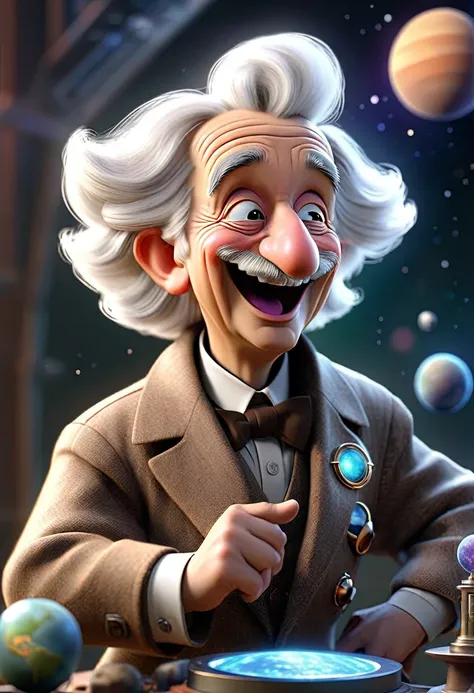 Scientist Albert Einstein smiling as a magician in interplanetary space