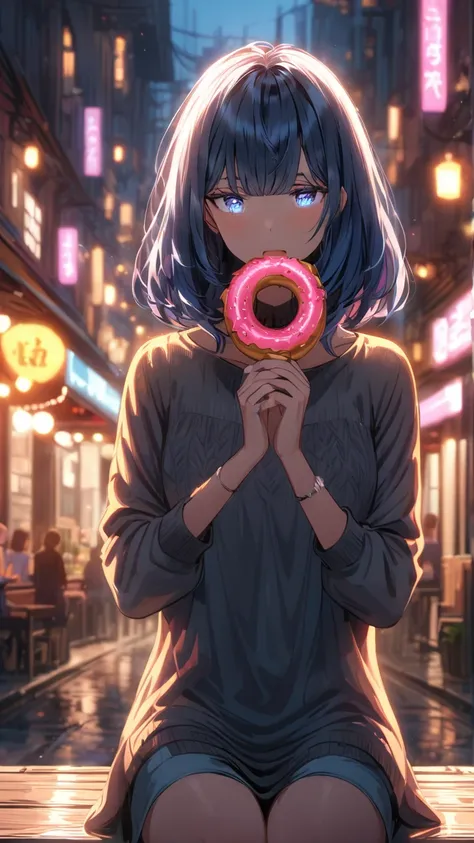 highest quality, masterpiece, best quality, 1 girl, solo,
BREAK
dramatic lighting, glowing, glowneon, moonlight,
BREAK
street, town, 
BREAK
holding donut, sitting on bench,
BREAK
blue eyes, medium hair, blue hair:1.5, straight hair, casual clothes, 