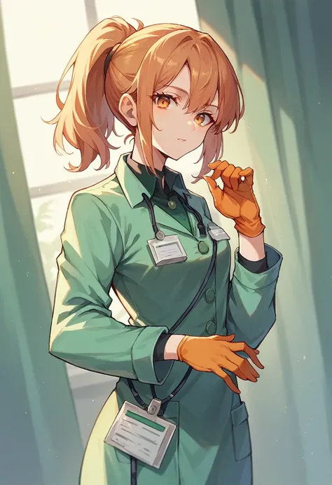 1girl, ponytail, ((orange surgical gloves)), ((((long sleeves)))), looking at viewer, ((green doctor outfit)), standing, solo