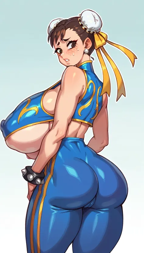 Thicc mommy CHUN-LI, brown eyes, double bun, yellow ribbon, blue bodysuit, crop top, sleeveless, wide gigantic ass, from behind, ((gigantic breasts)), underboobs, sideboobs, perky big puffy nipples, ((long erected nipples)), big cameltoe, pouted lips, squi...