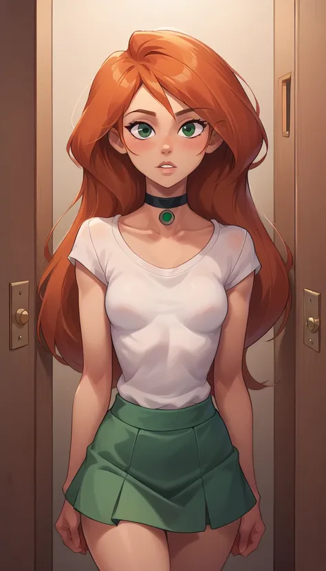 score_9, score_8_up, score_7_up, detailed soft lighting, BREAK 1girl, solo, Kim Possible, (orange-red hair:1.5), looking at viewer, parted lips, wearing (cute green skirt and choker:1.2), beautiful woman, (clothing boutique fitting room:1.2), various model...