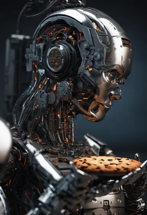 A robot holding a plump brown cookie in its hand; brown cookie in a robot&#39;s hand, an android holding a fat chocolate cookie in its hand; realisitic; 4K; ANDROID; professional photographer; best photographer in the world; android holding a brown cookie;...