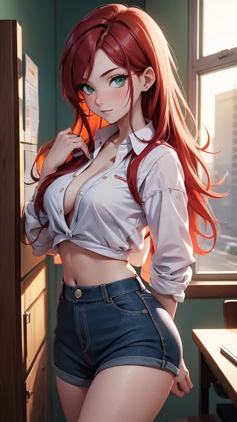 (masterpiece), (4k), )vivid colors), (evening light) 16 year old redhead woman with green eyes dressed as a sexy student aspiring to journalism with small breasts