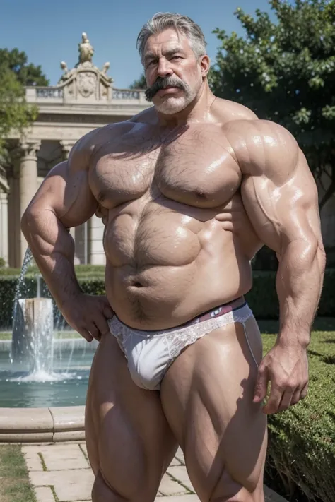 Hyperrealistic image of a very beautiful man next to a very old and very sweaty grey-haired African superhero friend, bodybuilder over 50 years old, very muscular and fat, He weighs more than 200 kilos with a naked torso, large, flabby pectorals, brown nip...