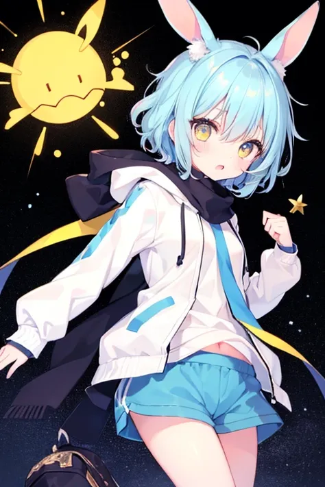 Very beautiful and Shining Eyes、Shining Eyes、((1 girl))、Small breasts、Big Mouth、Small breasts、Bunny ears、Transparent light blue short hair、scarf、hot pants、Transparent clothes、Long hoodie、，Dashed sleeves，Yellow Eyes，Curly hair，Worried brow