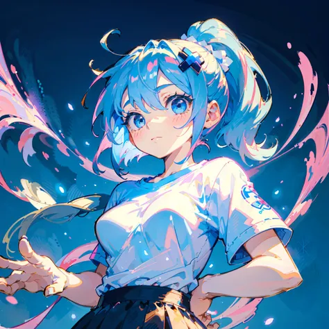 masterpiece, beautiful detailed, 1girl, Cartoon bones, chibi:1, Chibi, (Oversized plain T-shirt), baby blue Eyes, baby blue hair, ponytail, Tickled pink expression, medium breasts, hair intakes, Colorless solid background