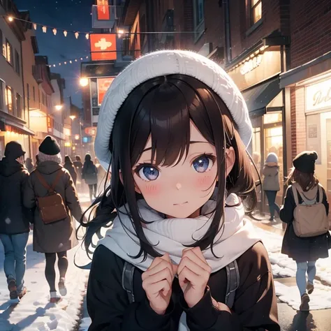 Masterpiece, best quality, high quality, One boy, One girl, One couple, wearing cozy sweaters and hats to keep warm. In the street, closed eyes, kissing, blushed faces, Boy has Short Brown hair, Girl has Long Brown hair, In the background there are people ...