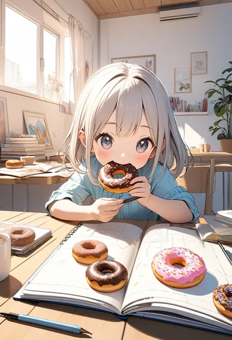 line-drawing, illustration, 1 girl, A picture book where pictures pop out of the sketchbook in 3D and she is eating the real donuts happily