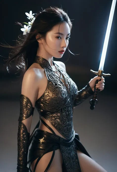 Female swordsman topless photography，Atomic Correct,Raw, Lenses, (Clear focus:1.5), (Reality:1.4), Dusk lighting, Volumetric Lighting, Ultra-high resolution, 16K,Dramatic Lighting, White background：1.5），Glowing sword,(fighting stance),Hold the sword hilt t...