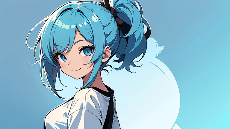 masterpiece, beautiful detailed, 1girl, (Oversized plain T-shirt), chibi:1, Chibi, baby blue Eyes, baby blue hair, ponytail, medium breasts, hair intakes, ((smile)), ((look back)), blue theme, (((bold outline))), limited palette