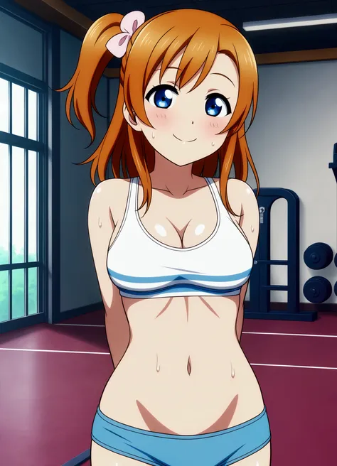 masterpiece,best quality,kousaka honoka, blue eyes, orange hair, looking_at_viewer, cowboy shot, skinny plain legging, tank top,...