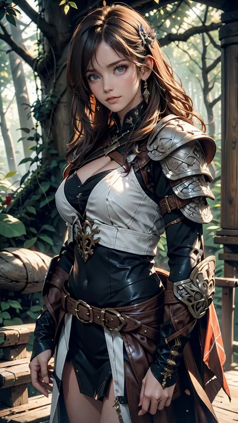 Highest quality, masterpiece, Ultra-high resolution, Strong Woman, Long Curly Hair, Leather Armor, Medieval costume, Shooter, Exquisite Bow, Mystical Runes, Magic, Detailed background, forest, extreme detailed, 4K,  