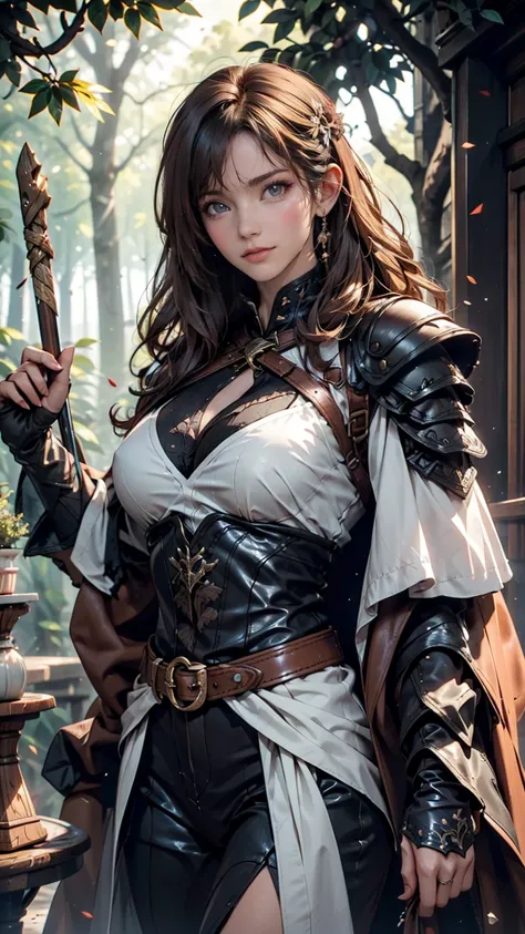 Highest quality, masterpiece, Ultra-high resolution, Strong Woman, Long Curly Hair, Leather Armor, Medieval costume, Shooter, Exquisite Bow, Mystical Runes, Magic, Detailed background, forest, extreme detailed, 4K,  