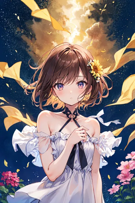 (Highest quality, masterpiece), One girl, Pause, particle, Wind, flower, Upper Body, Simple Background, Looking at the audience, Brown Hair, milky way, beautiful，Small breasts，Flat chest，Shortcuts