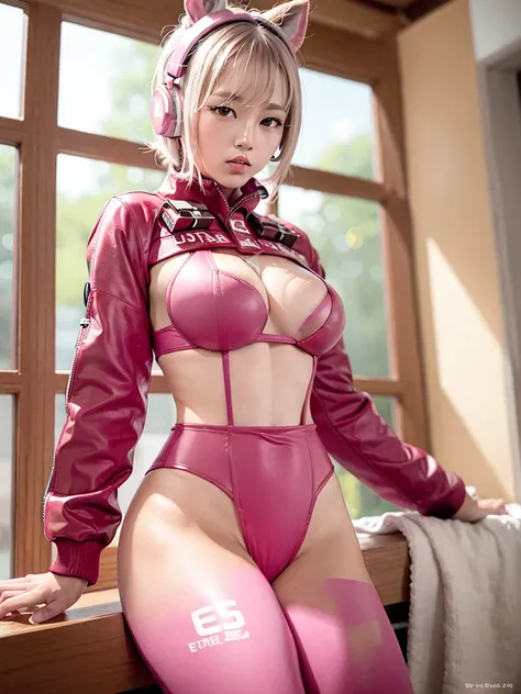 best qualtiy， tmasterpiece， Ultra-high resolution， （fidelity： 1.9）， RAW photogr， 1girll， exposed bare shoulders， closeup cleavage， Asians， exteriors， light， By bangs， tightsuit， Giant breasts， Cover the navel， Cropped jacket， mitts， earphone， Tights， jaket...