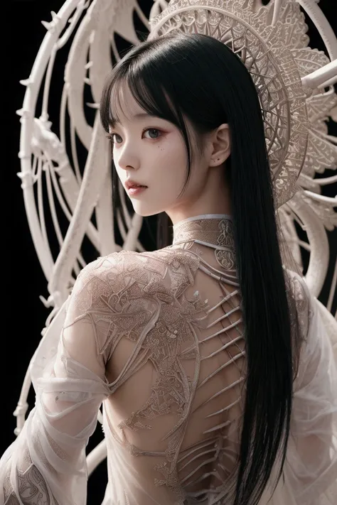 Realistic photos、Intricate 3D rendering of a beautiful mortal Japanese woman with medium long black hair idol、Biomechanical Cyborg、Analog 150mm lens、Nice natural soft edge light、Neon Veins、Delicate leaf lace、Color details、Boris Bidjan Saberi Costume、Art No...