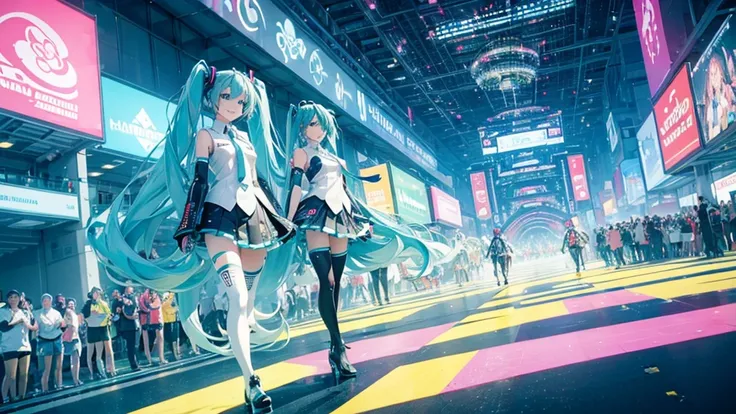 A spectacular parade in a futuristic metaverse theme park featuring Hatsune Miku and colorful neon lights