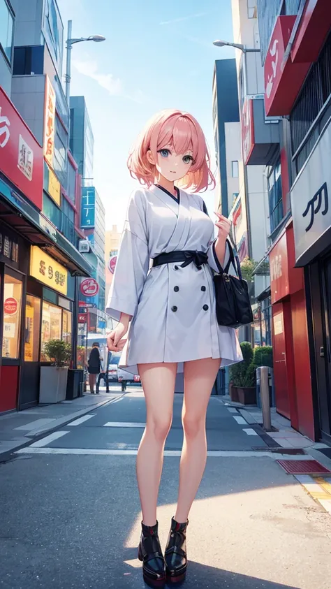 "In a modern Japanese cityscape, a cute anime-style woman is depicted in full body. She is wearing casual anime-style clothing and is not holding anything. Her hair is a soft color with light waves, and her outfit is simple yet trendy. The background featu...