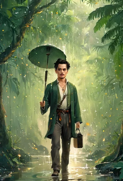 masterpiece, johnny depp walking through jungle at night among fireflies, (high detail:1 1), rough face, natural skin, high quality, nsfw, beautiful eyes, (detailed face and eyes), (face: 1 2), noise, extra, real photo, PSD, lamp film photography, sharp fo...