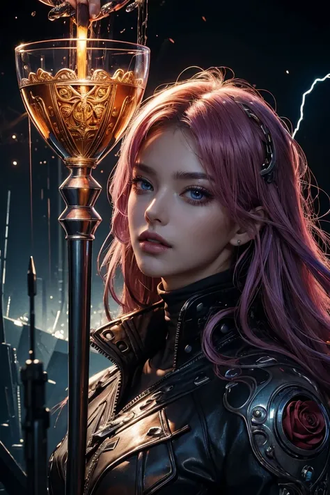 (masterpiece, Highest quality, Highest quality, Official Art, beautifully、beautiful:1.2), (One Man), extreme detailed,(Abstract),Colorful Hair,highest detailed, detailed_eye, Rose,Have the Holy Grail,cyber punk,Lightning, Light_particle, 