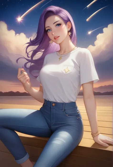 score_7_up,score_8_up,score_9,source anime,surper detail,1girl,white shirt,black denim pants,In a nighttime meadow, shooting stars continuously streak across the sky, creating a light show. The entire meadow is bathed in starlight, spreading breathtaking b...