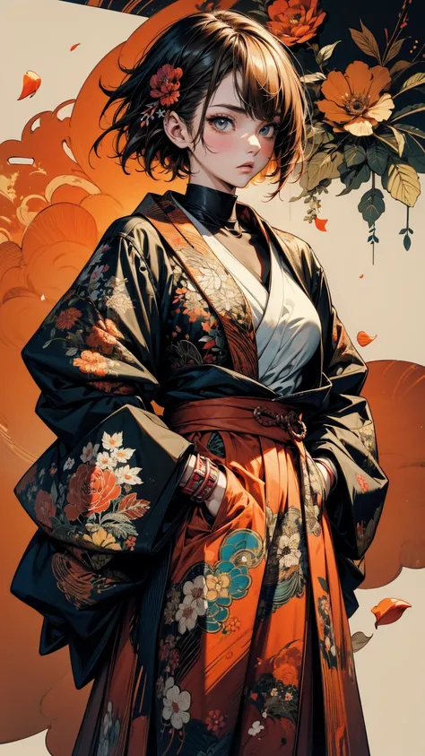 (masterpiece, High resolution, Highest quality), 20-year-old woman, Upper body focus, Hands in pockets:1.3, Japanese-style punk fashion:1.2, Petal Collage, abstract design, And handle background, warm color, artistic juxtapositions, mixed-media approach, A...