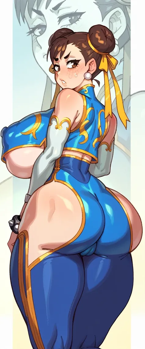 CHUN-LI, brown eyes, double bun, yellow ribbon, blue bodysuit, crop top, sleeveless, ((gigantic ass)), thick thighs, from behind, ((gigantic breasts)), underboobs, sideboobs, ((perky big puffy nipples)), ((long erected nipples)), big cameltoe, pouted lips,...